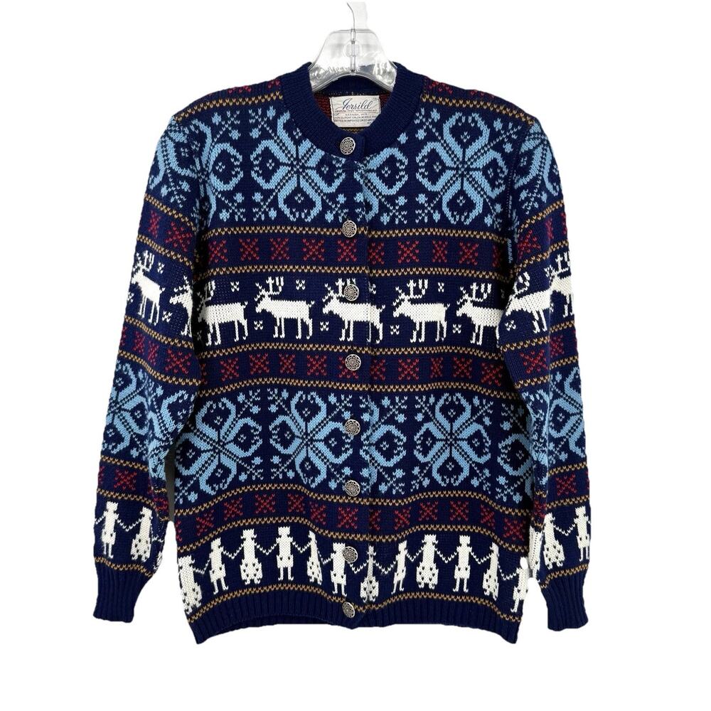 Jersild Cardigan Sweater Womens Med Fair Isle Acrylic Swiss Machinery USA VTG